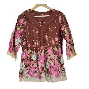Storybook Floral Bohemian Pleated Tunic with Pleats and Decorative Edging